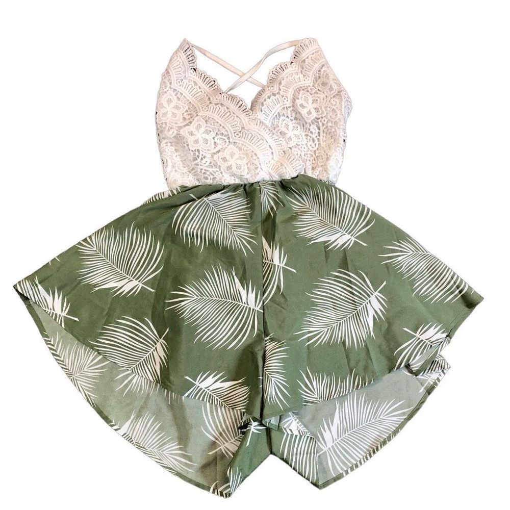 Shein Women’s Dress Romper White Lace Top Green Leaf Flowing Bottom Small (4)